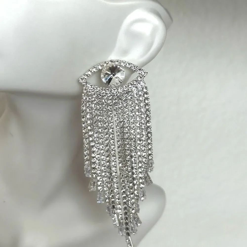 rhinestone silver tone eye chain earrings